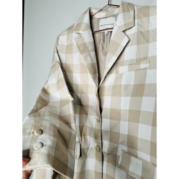 ENGLISH FACTORY Tan Gingham Print Oversized  Front Button Blazer Size Small - Picture 9 of 12